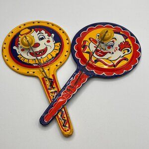 VTG Kirchhoff Clown Tin Noisemakers Colorful Carnival Clacker Toys Retro C. 1940